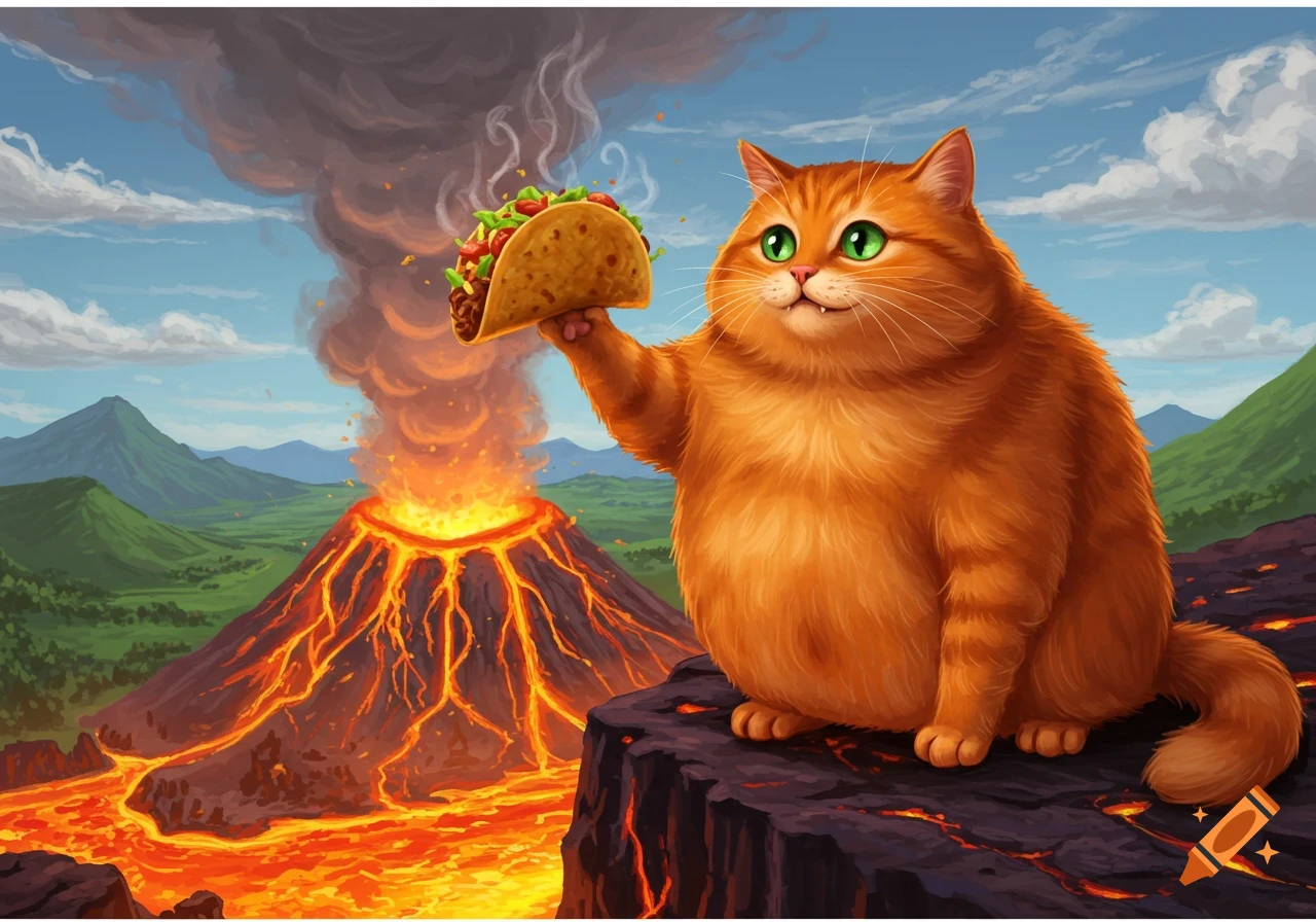 A cartoon illustration of a fat orange cat holding a taco in front of an erupting volcano.