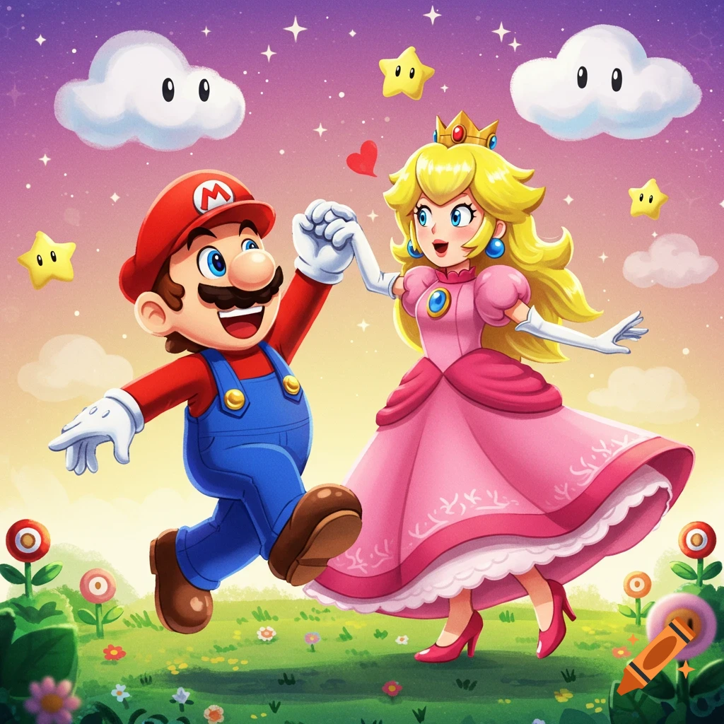 Mario and Princess Peach dance hand-in-hand in a vibrant, stylized field under a starry sky.