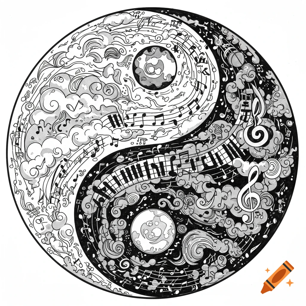 Black and white line art of a yin yang symbol filled with swirling musical notes, piano keys, and clefs.