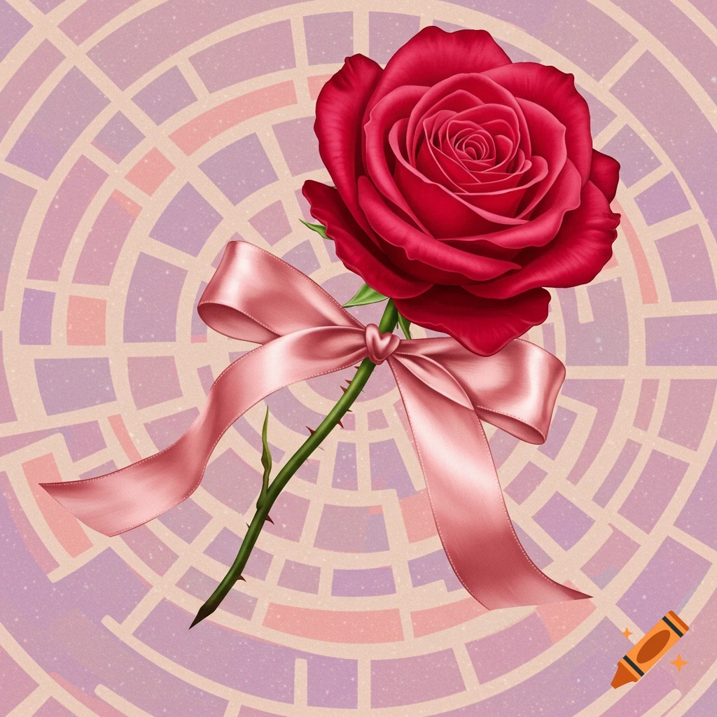 A vibrant red rose with a delicate pink ribbon tied around its stem, set against a soft purple and pink mosaic background.