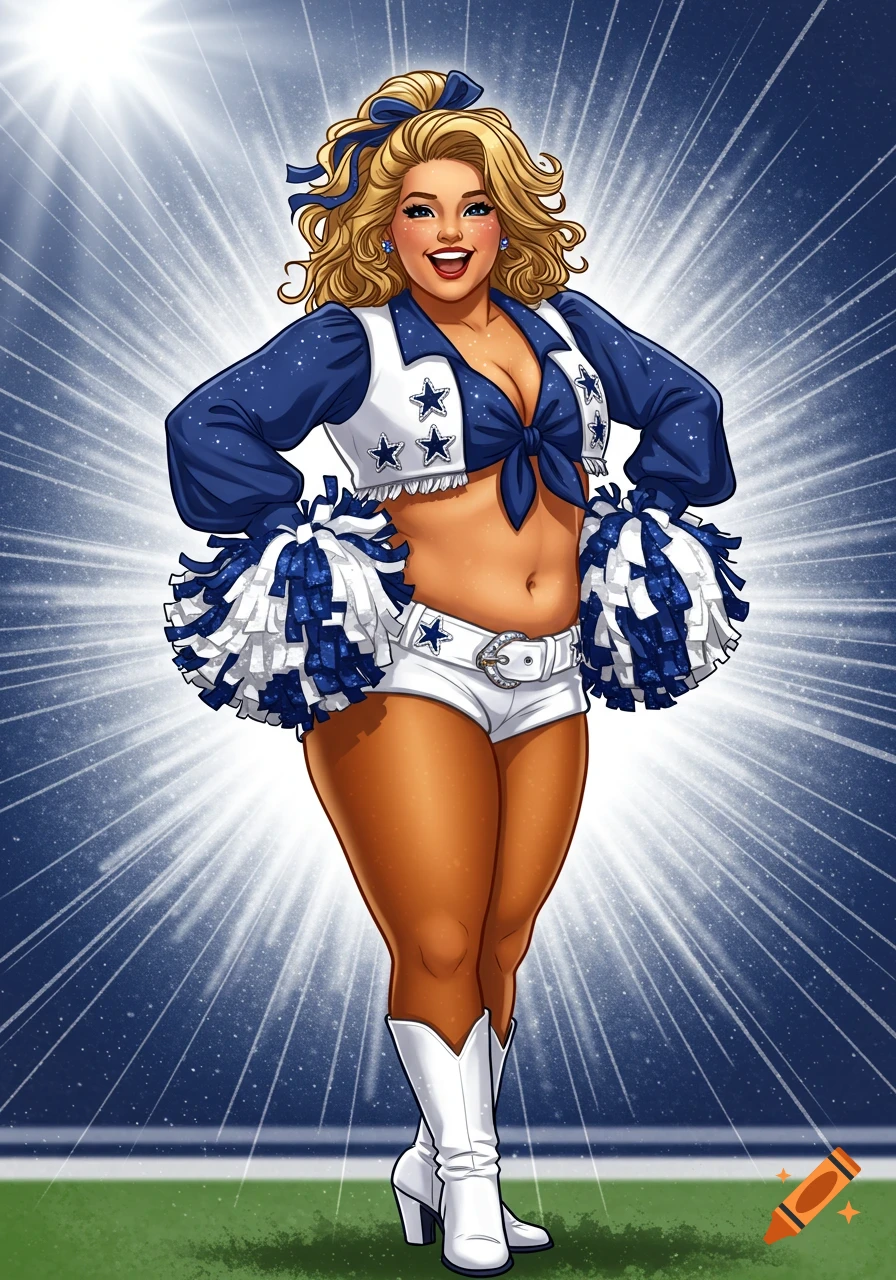 A smiling, curvy Dallas Cowboys cheerleader stands on a field with pom-poms, in a cartoon illustration style.