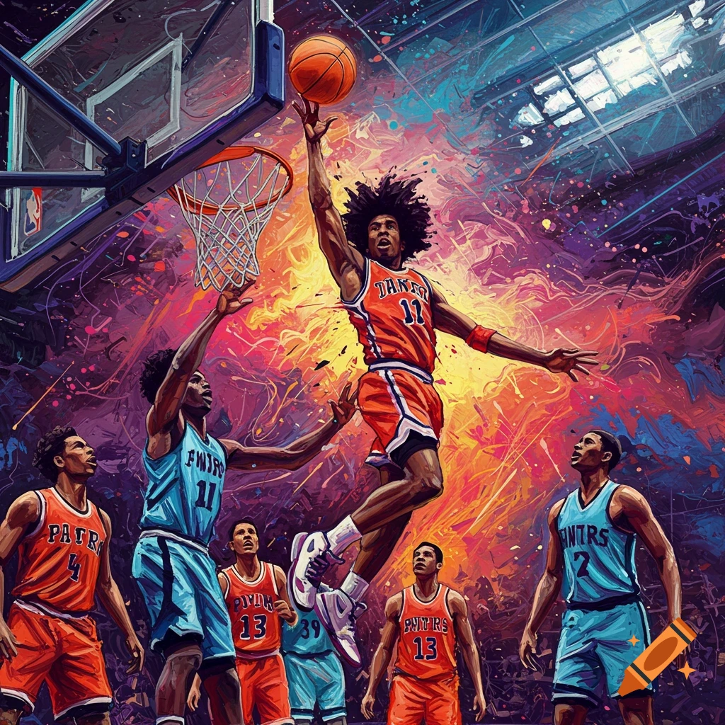 Basketball player dunking a ball during a game in a vibrant, psychedelic painting style.