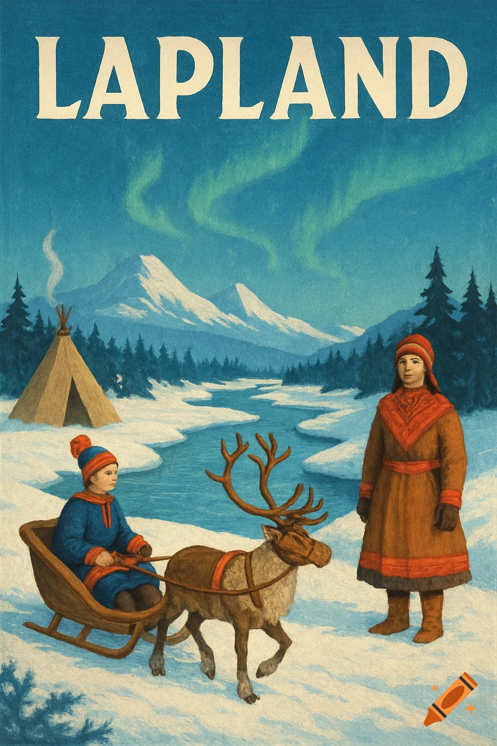 Vintage travel poster for Lapland with people in traditional clothing, a reindeer, tipi, snowy mountains, and Northern Lights.