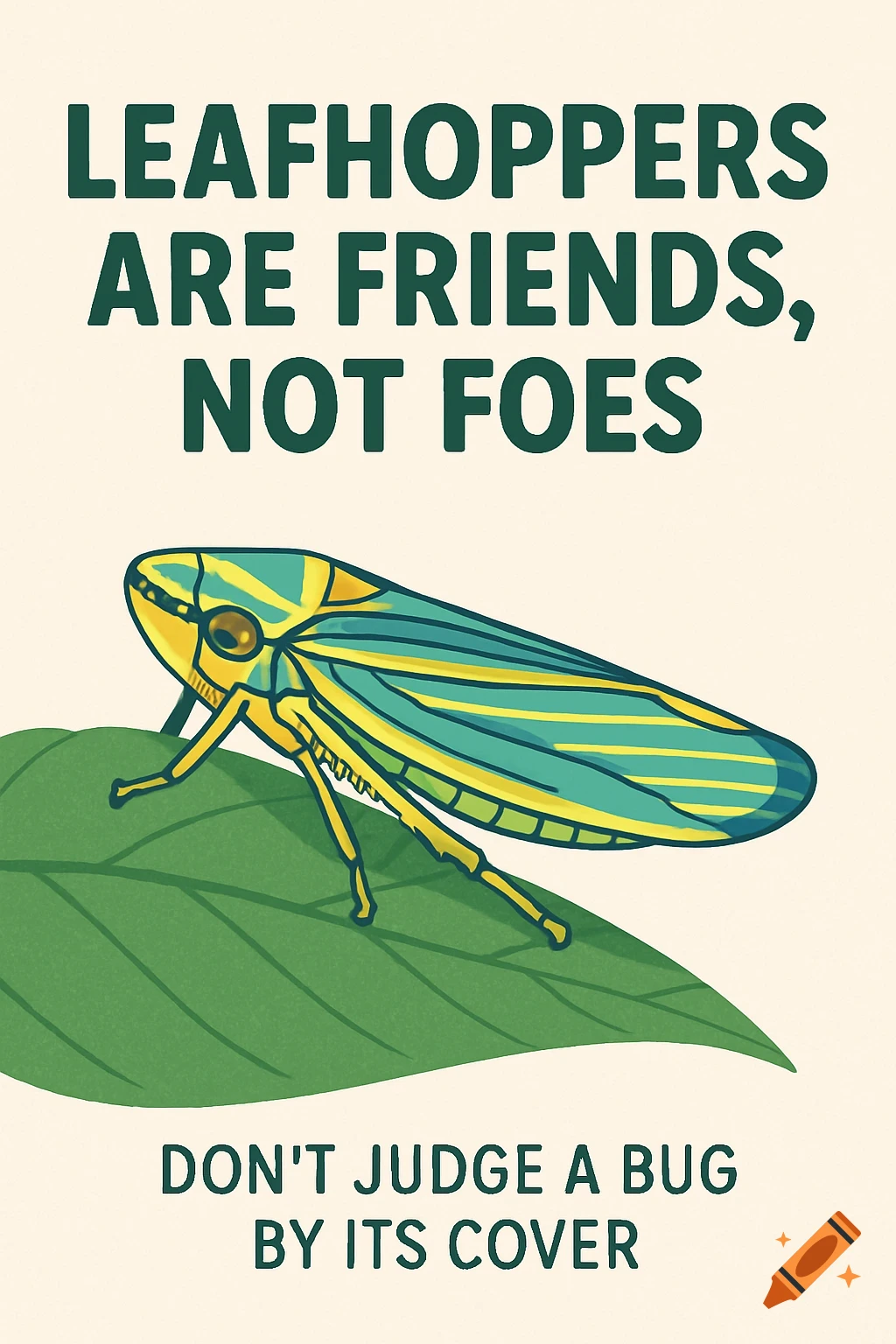 A green and yellow leafhopper insect sits on a green leaf with text on a light background. The text reads 'LEAFHOPPERS ARE FRIENDS, NOT FOES' and 'DON'T JUDGE A BUG BY ITS COVER'.