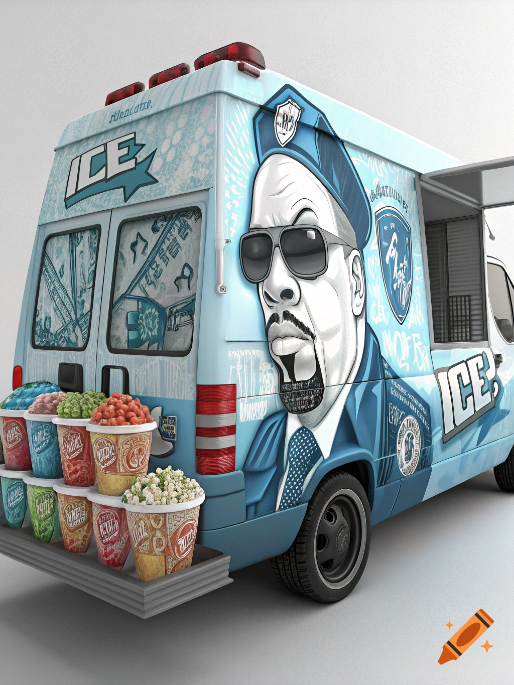 An ice cream van featuring a large cartoon illustration of Ice-T wearing sunglasses and a police uniform, with various cups of colorful snacks on a shelf at the back.