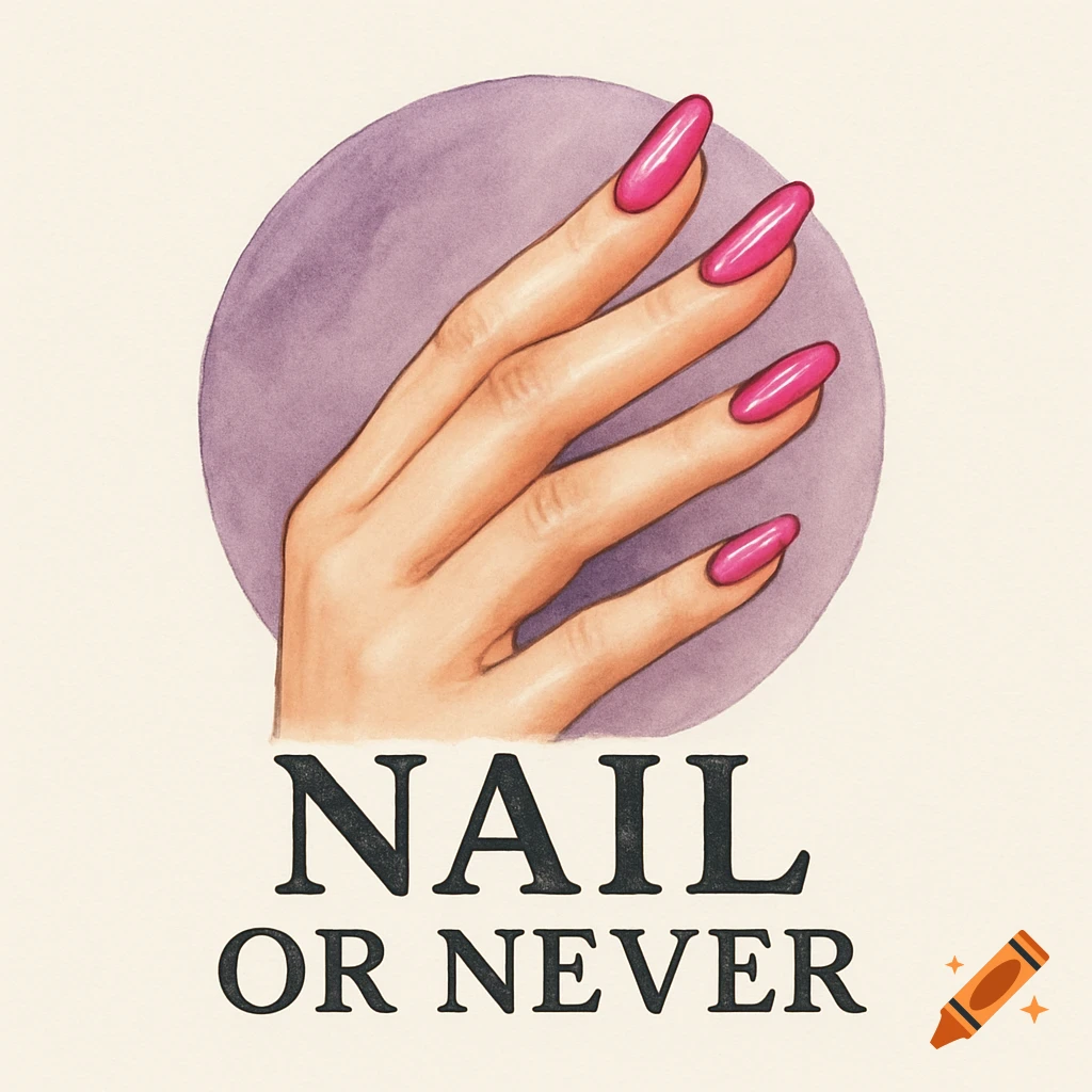 Watercolor illustration of a hand with long pink nails against a purple circle, with the text 'Nail or Never'.