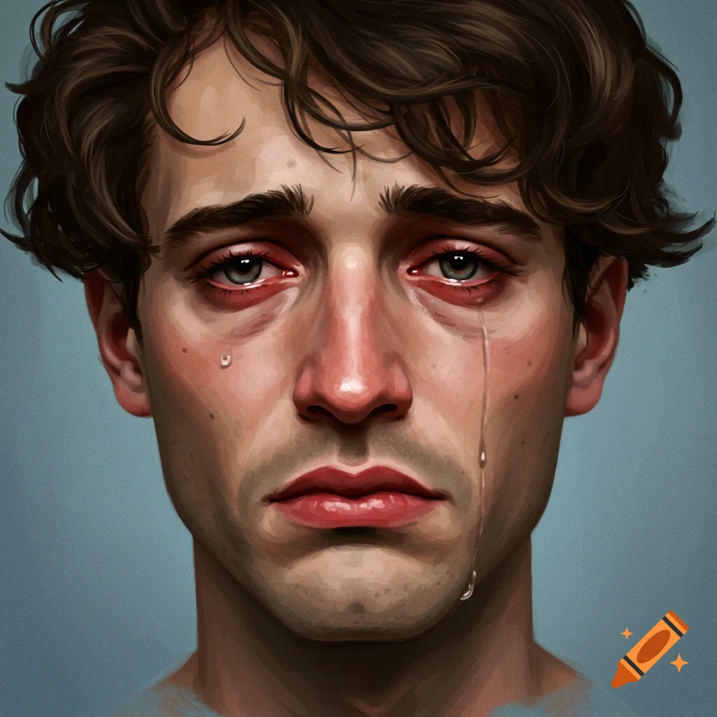 Close-up digital painting of a man with red, watery eyes and tears streaming down his face, depicting deep sadness.