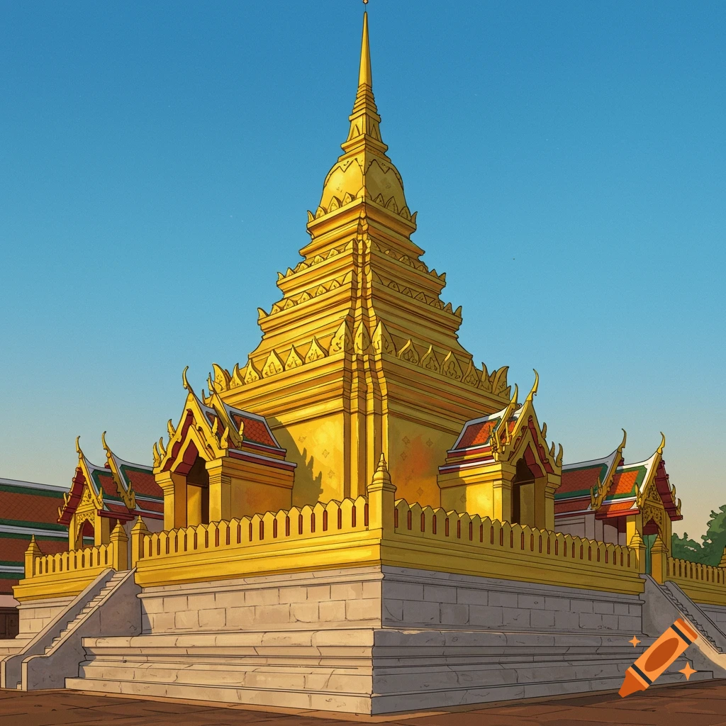 A golden temple with a multi-tiered spire and ornate details against a clear blue sky.