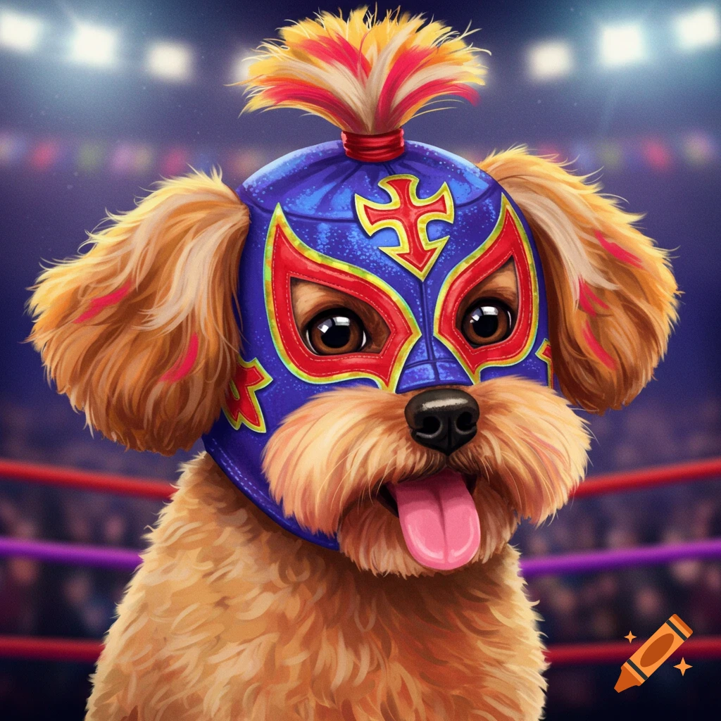 A fluffy brown dog wearing a blue, red, and yellow Lucha Libre wrestling mask, sticking its tongue out in a wrestling ring.
