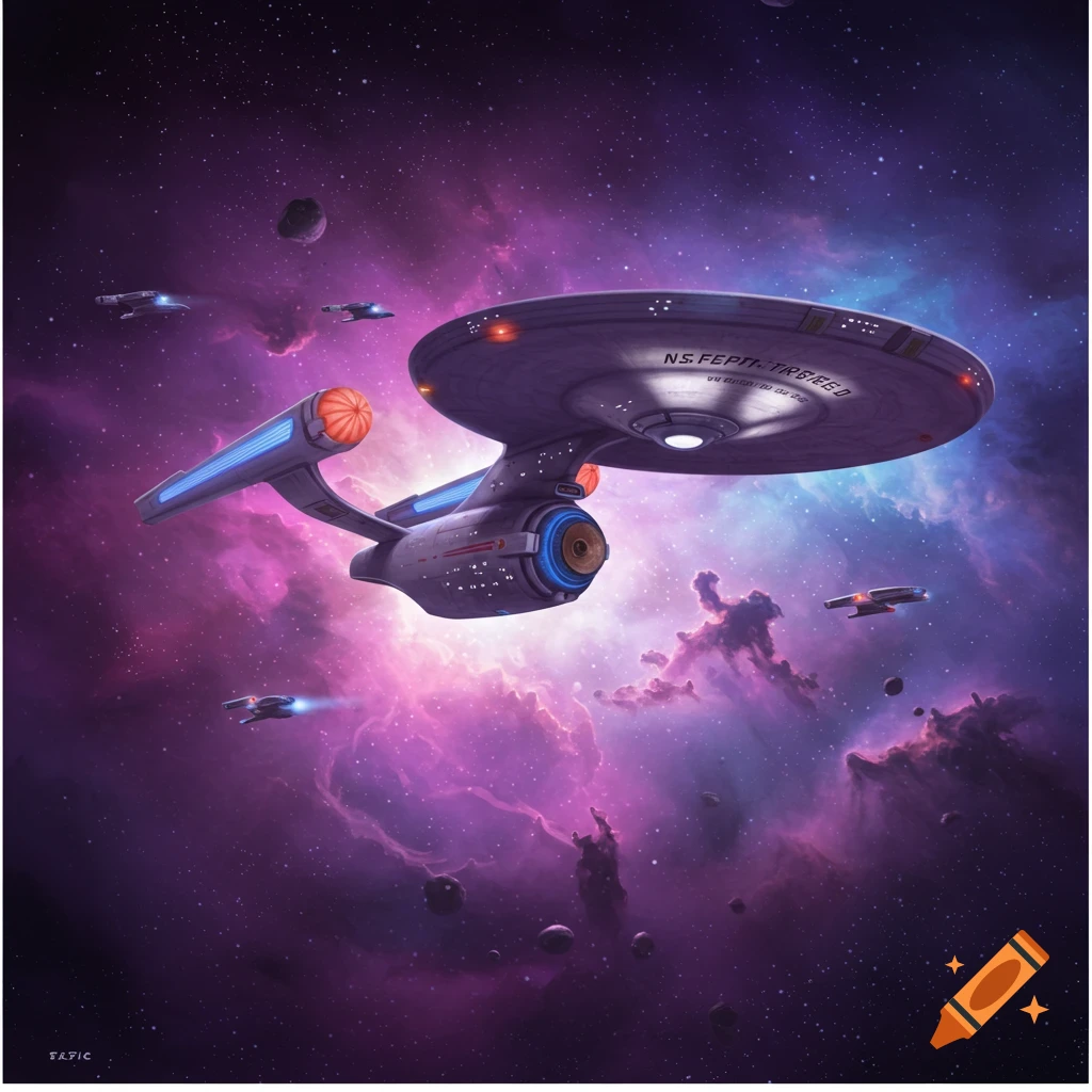 A large Star Trek-style spaceship and smaller ships fly through a vibrant purple and blue nebula in deep space with asteroids.