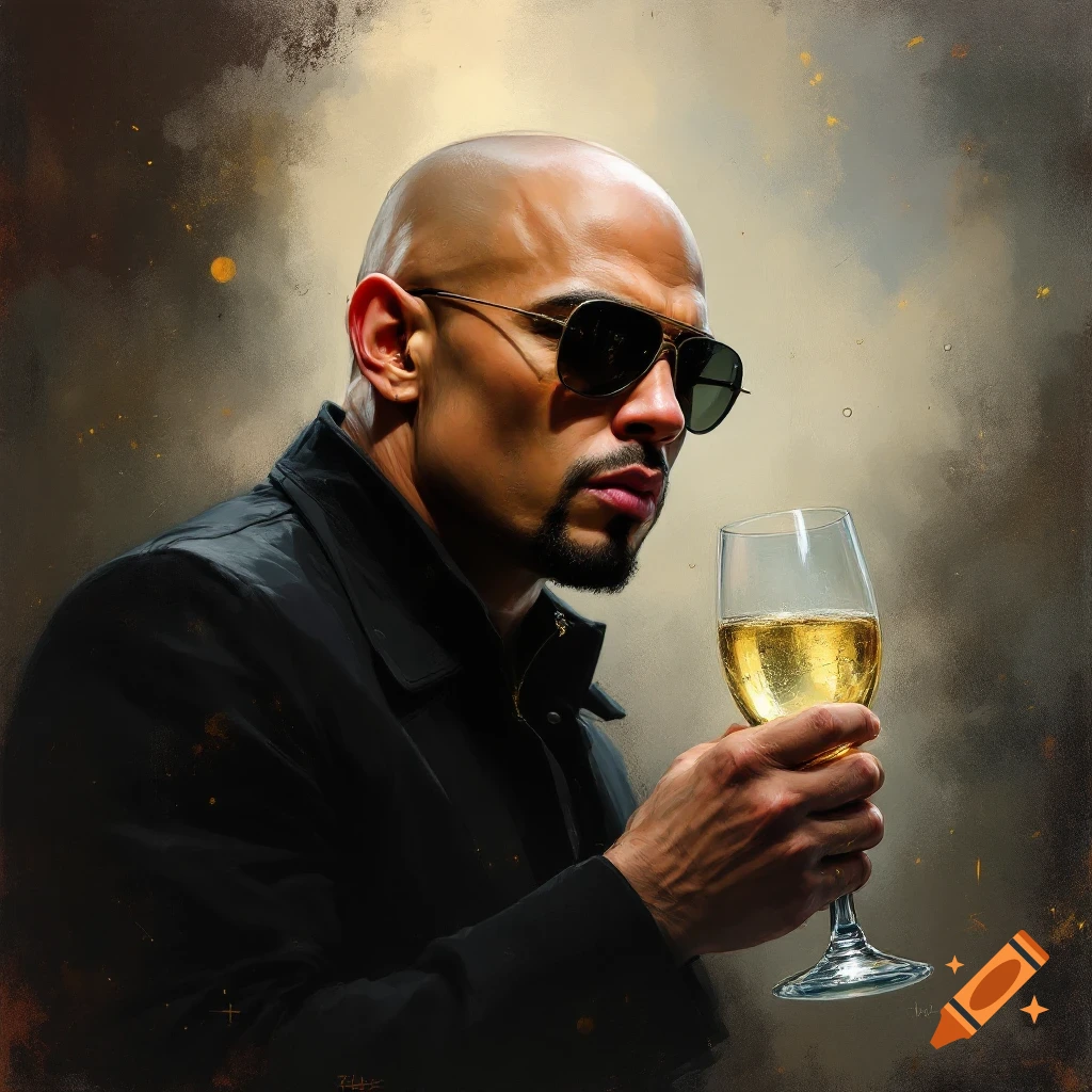 A bald man in sunglasses and a black coat holds a glass of champagne in a painterly style.
