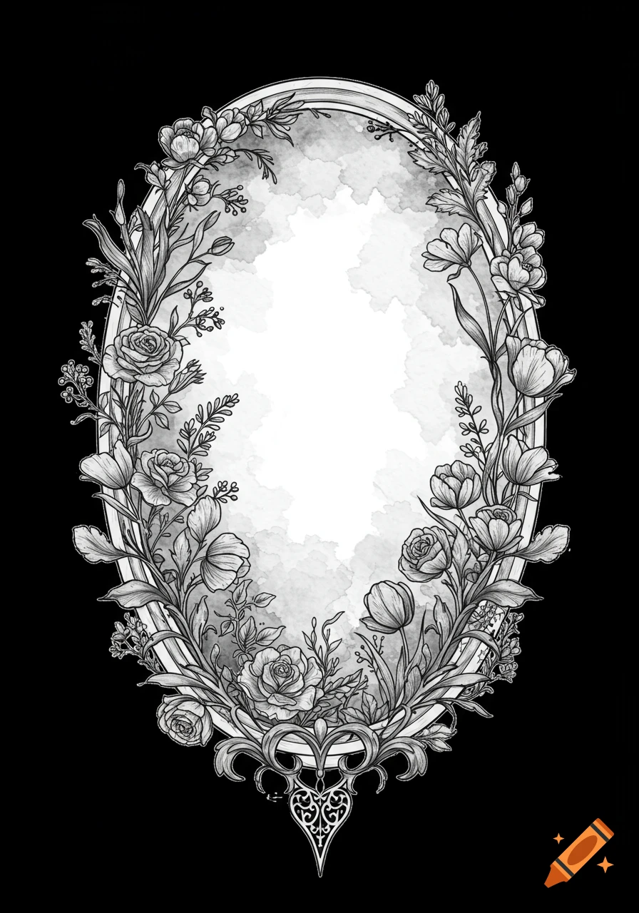 A monochrome oval frame featuring intricate botanical illustrations of roses, tulips, and foliage with a heart at the bottom, on a black background.