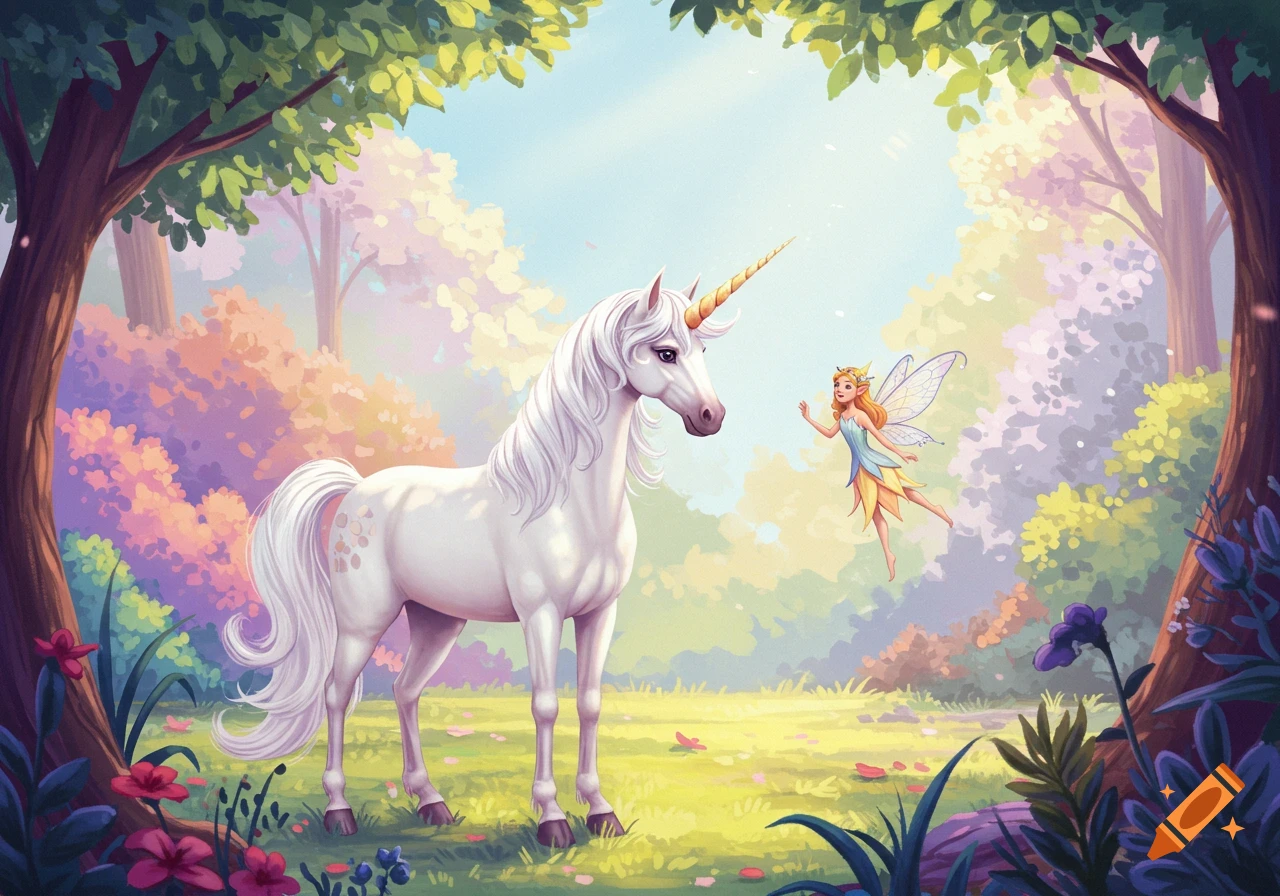 A white unicorn with a golden horn stands in a colorful, enchanted forest, looking at a small winged fairy floating beside it.