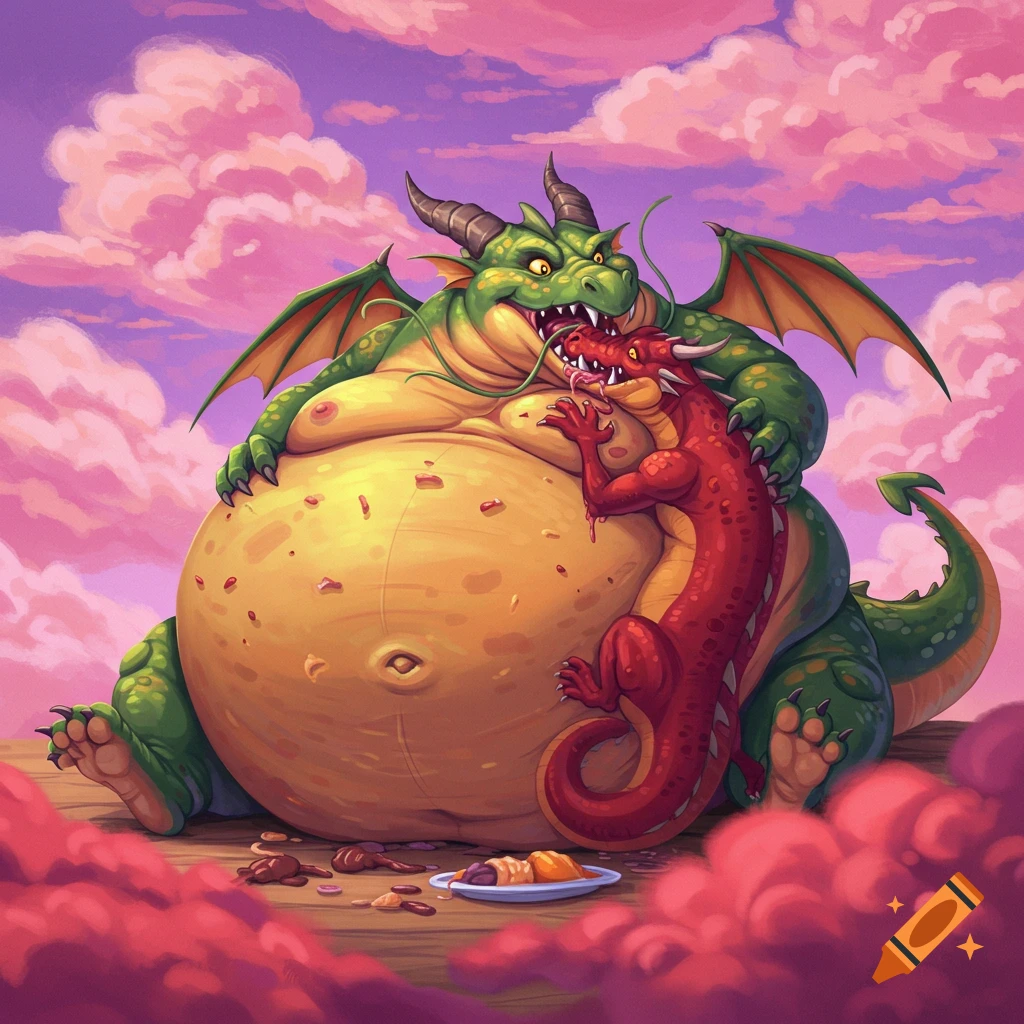A very large green dragon with a smaller red dragon on its belly, surrounded by pink clouds. Cartoon style.
