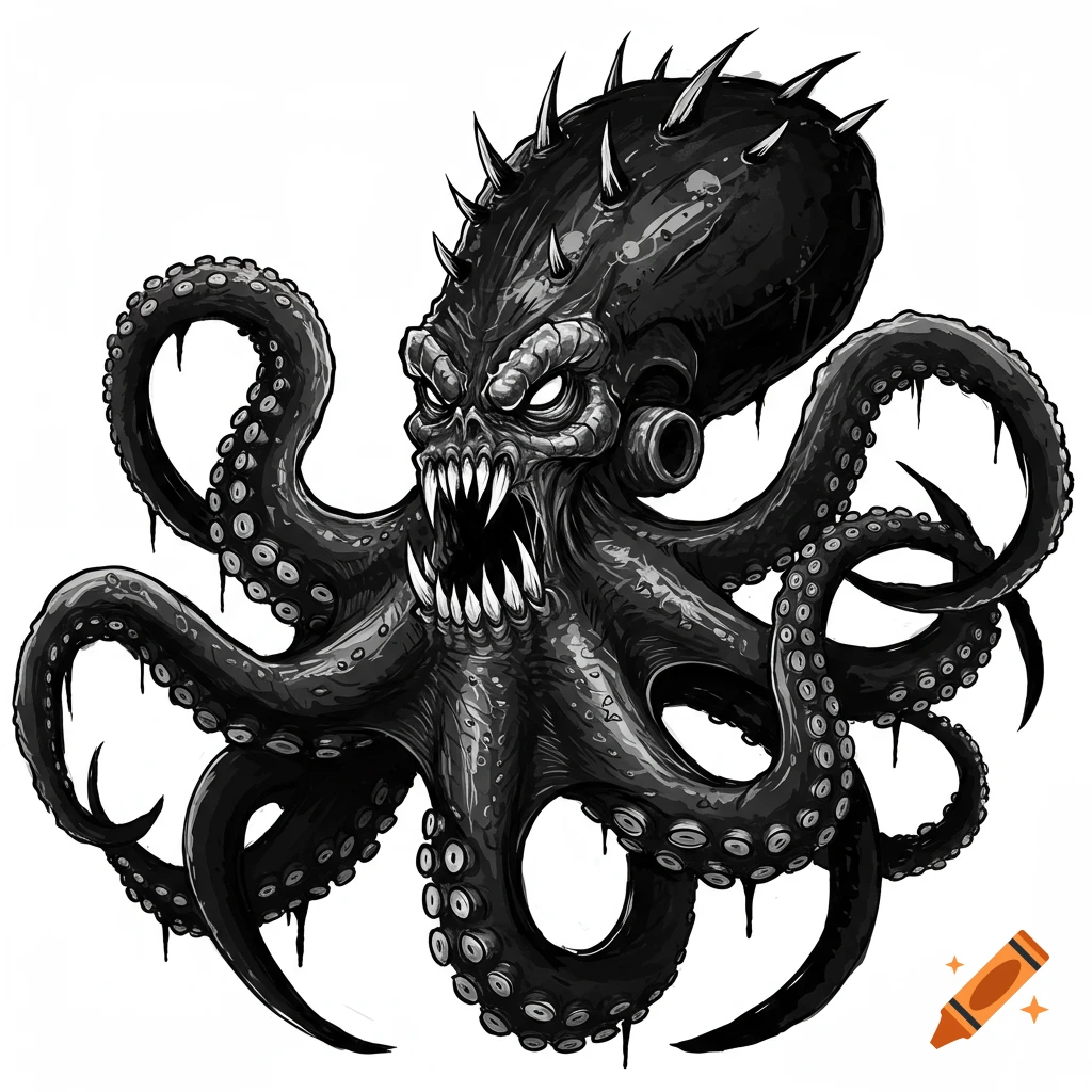A black and white death metal style illustration of a monstrous octopus with sharp teeth and spikes.