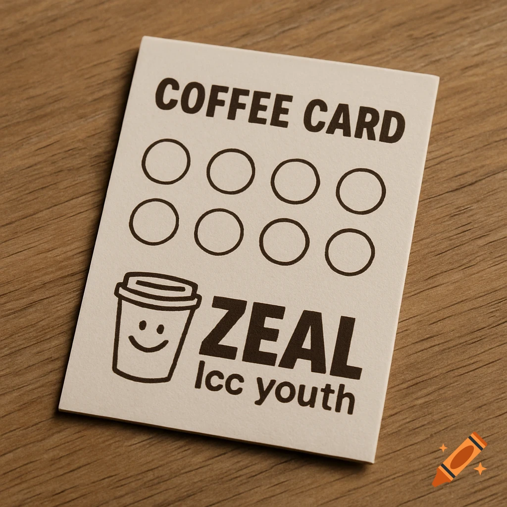 Photorealistic image of a white coffee loyalty card on a wooden surface, with 'COFFEE CARD' and a smiling coffee cup logo with 'ZEAL lcc youth'.
