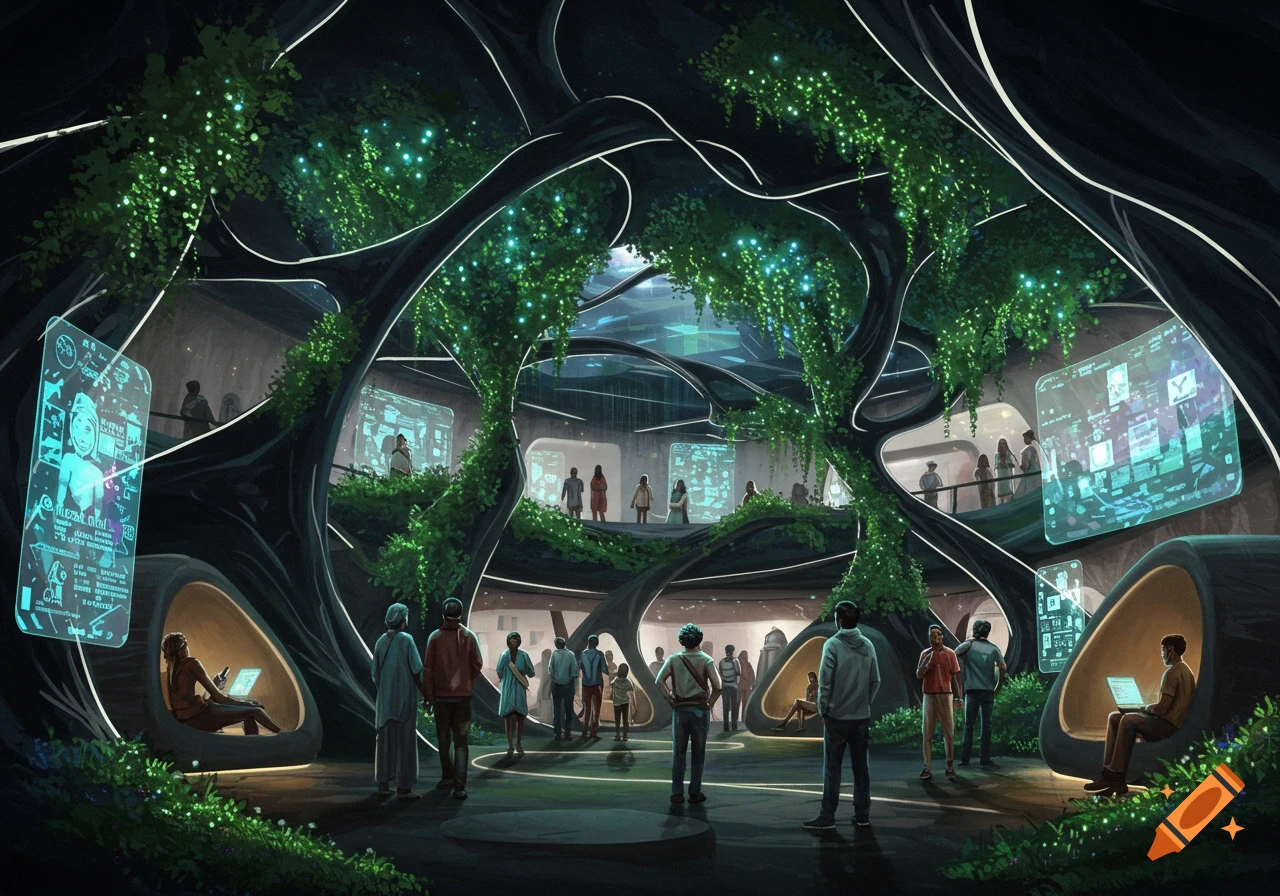 A futuristic public gathering space with organic architecture, glowing trees, transparent screens, and people.
