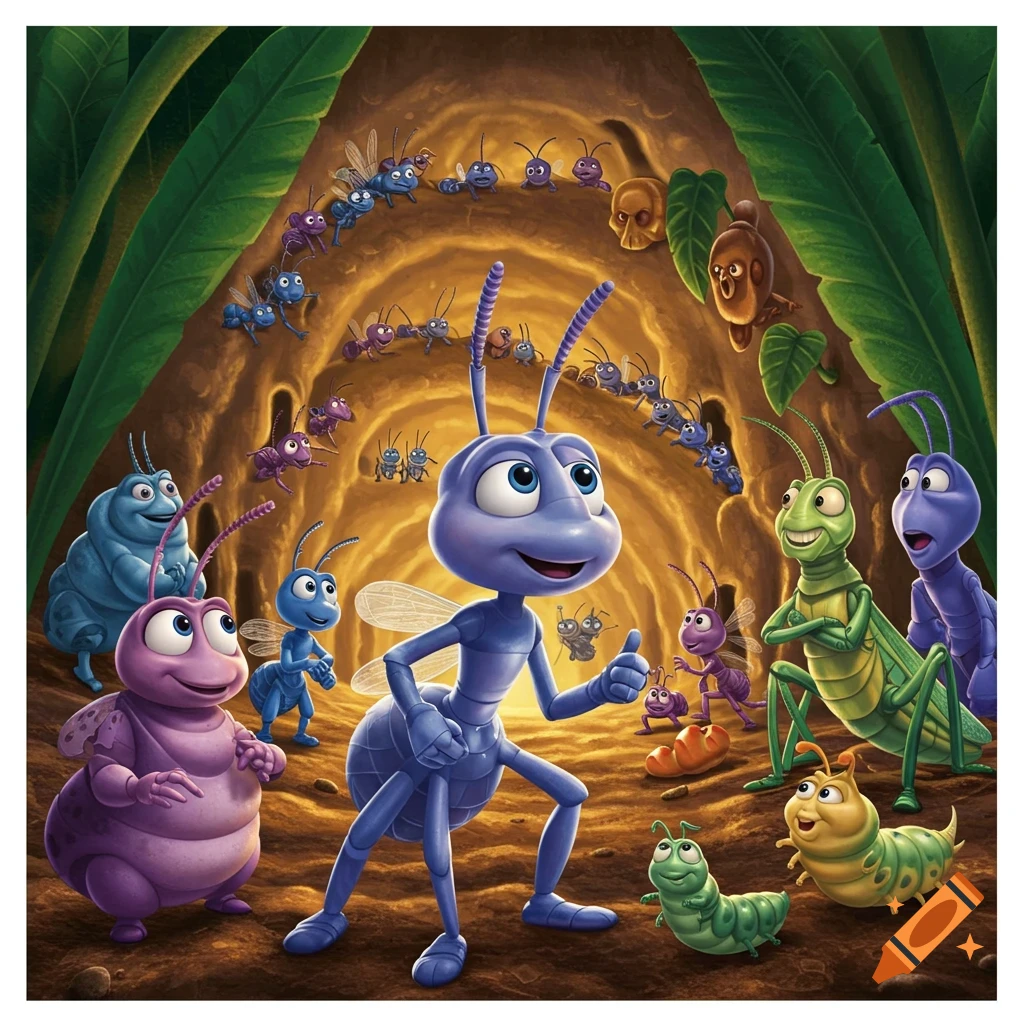 A colorful animated scene of cartoon insects, including a blue ant, a purple bug, and green grasshoppers, gathered in a tunnel under large leaves.