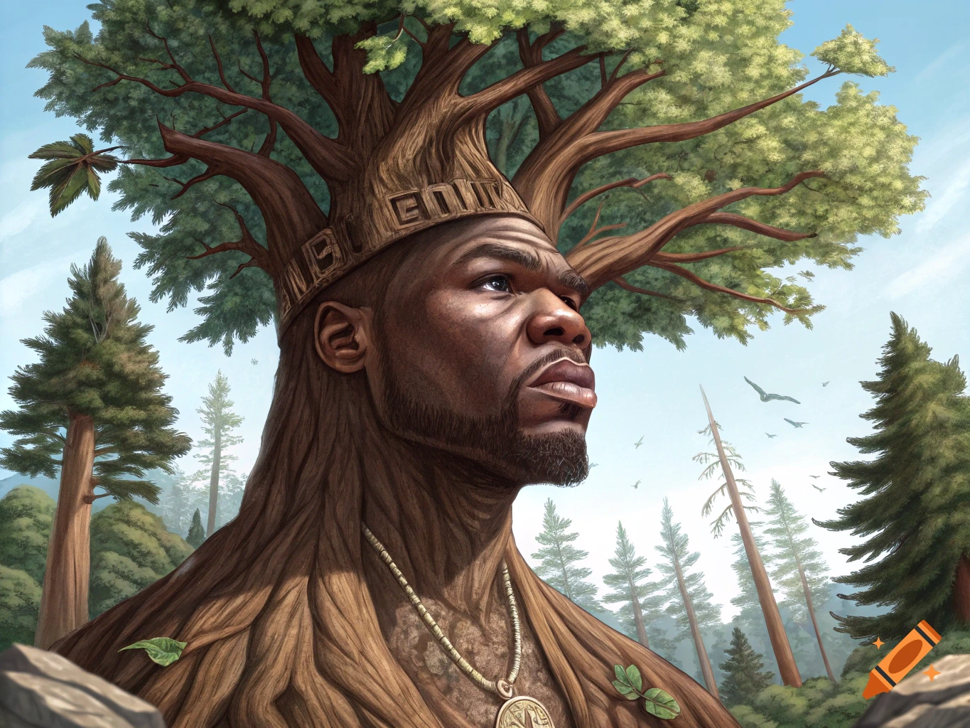 A fantasy portrait of rapper 50 Cent with his face emerging from a tree trunk, branches and leaves forming his head, in a forest.