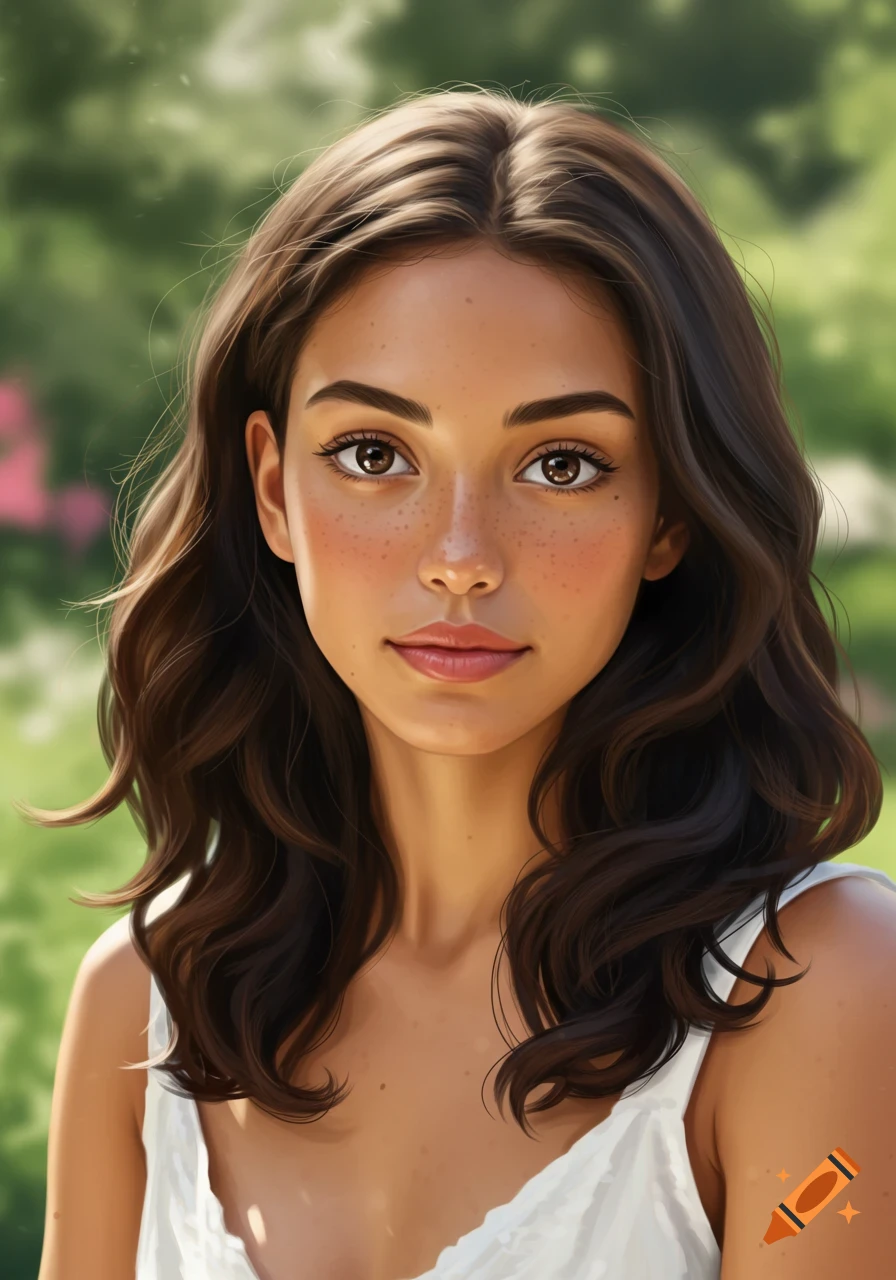 Close-up portrait of a young woman with dark hair and freckles, looking at the viewer against a blurred green background. Realistic digital art style.