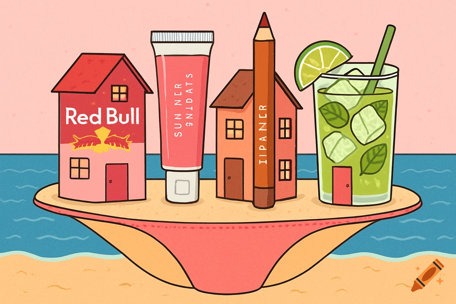 Cartoon beach scene with a Red Bull house, sunscreen tube, lipliner pencil, and mojito glass on a bikini bottom.
