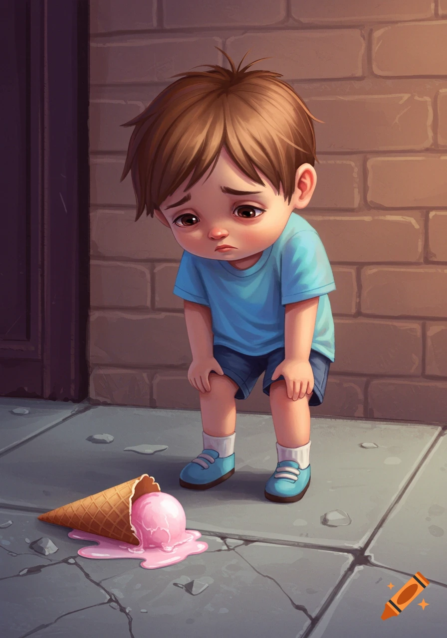 A sad cartoon child looks down at a dropped, melting pink ice cream cone on a concrete sidewalk next to a brick wall.