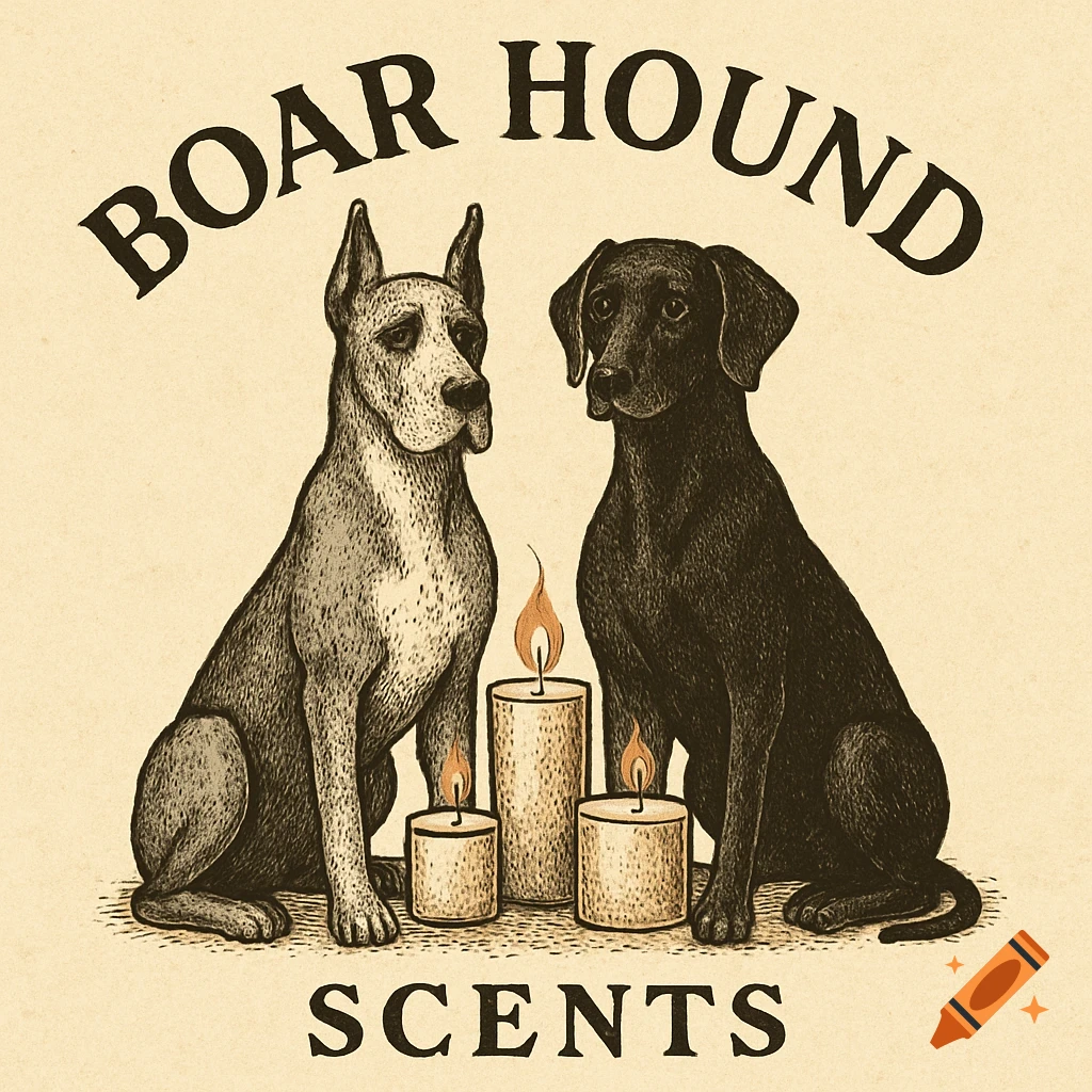 A vintage-style logo featuring a grey Great Dane and a black Great Dane sitting on either side of three lit candles, with 'BOAR HOUND' curved above them and 'SCENTS' below.