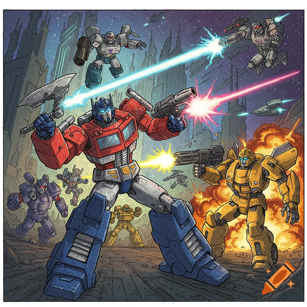 Optimus Prime, Megatron, and Bumblebee battle in a futuristic city, firing lasers in dynamic comic book art style.