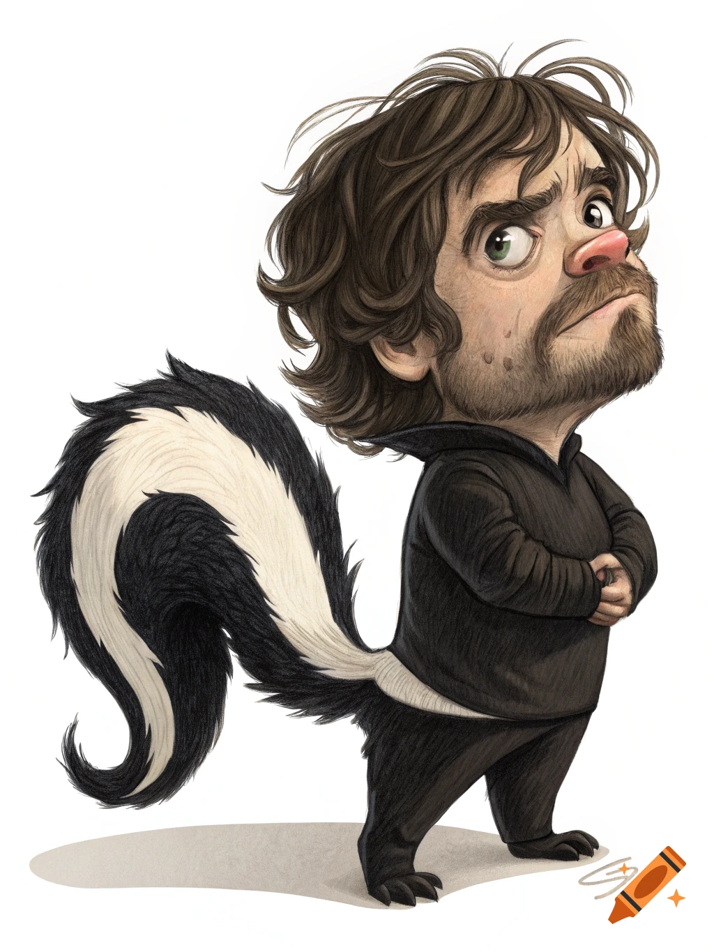 A detailed cartoon illustration of Peter Dinklage as a skunk, standing on a white background.