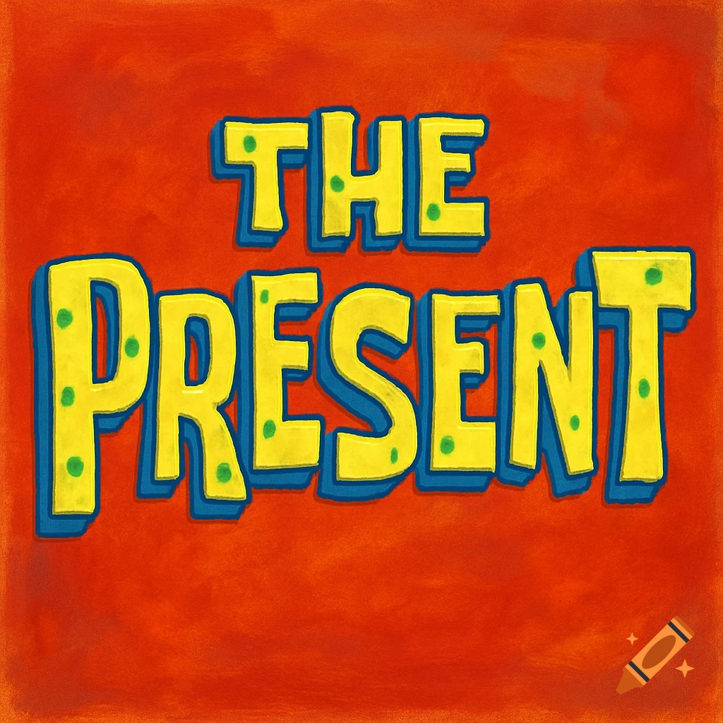 The words 'THE PRESENT' in a yellow, polka-dotted, cartoon style with a blue outline on a textured red background.