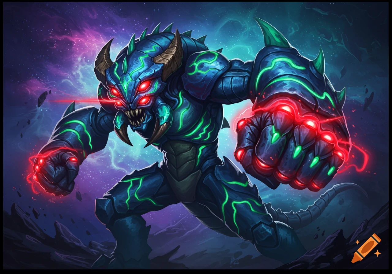 A menacing blue and green monster with red glowing eyes and fists, in a cosmic setting.