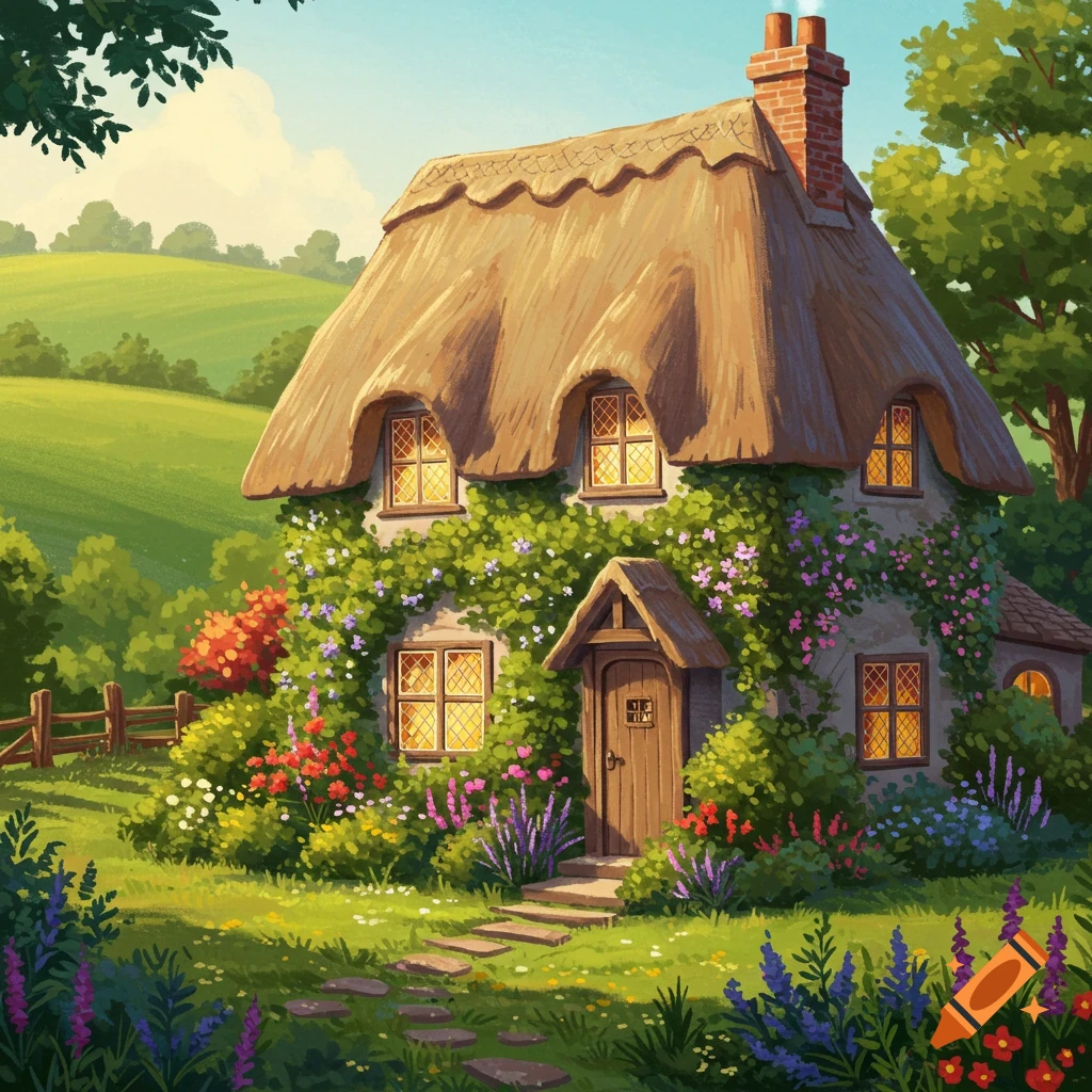 A charming thatched-roof cottage covered in green ivy and colorful flowers, surrounded by a vibrant garden and green hills under a bright sky.