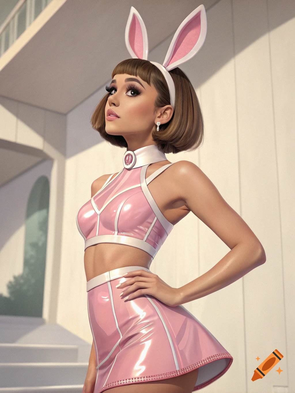 A woman resembling Ariana Grande in a pink PVC bunny costume, posing with bunny ears on.