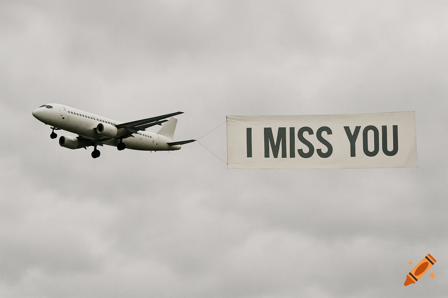 A white airplane flies through a cloudy sky, pulling a banner that reads "I MISS YOU".