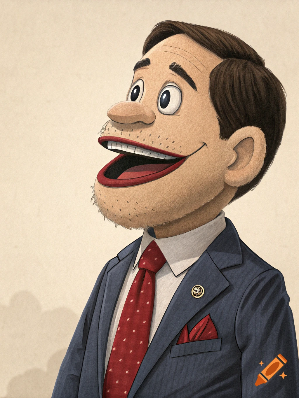 A cartoonish illustration of a puppet resembling a man in a blue suit with a red tie, looking up and smiling with its mouth open.