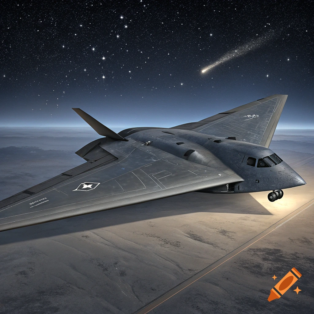 A dark stealth bomber aircraft flies low over a barren landscape at night under a starry sky with a bright comet.