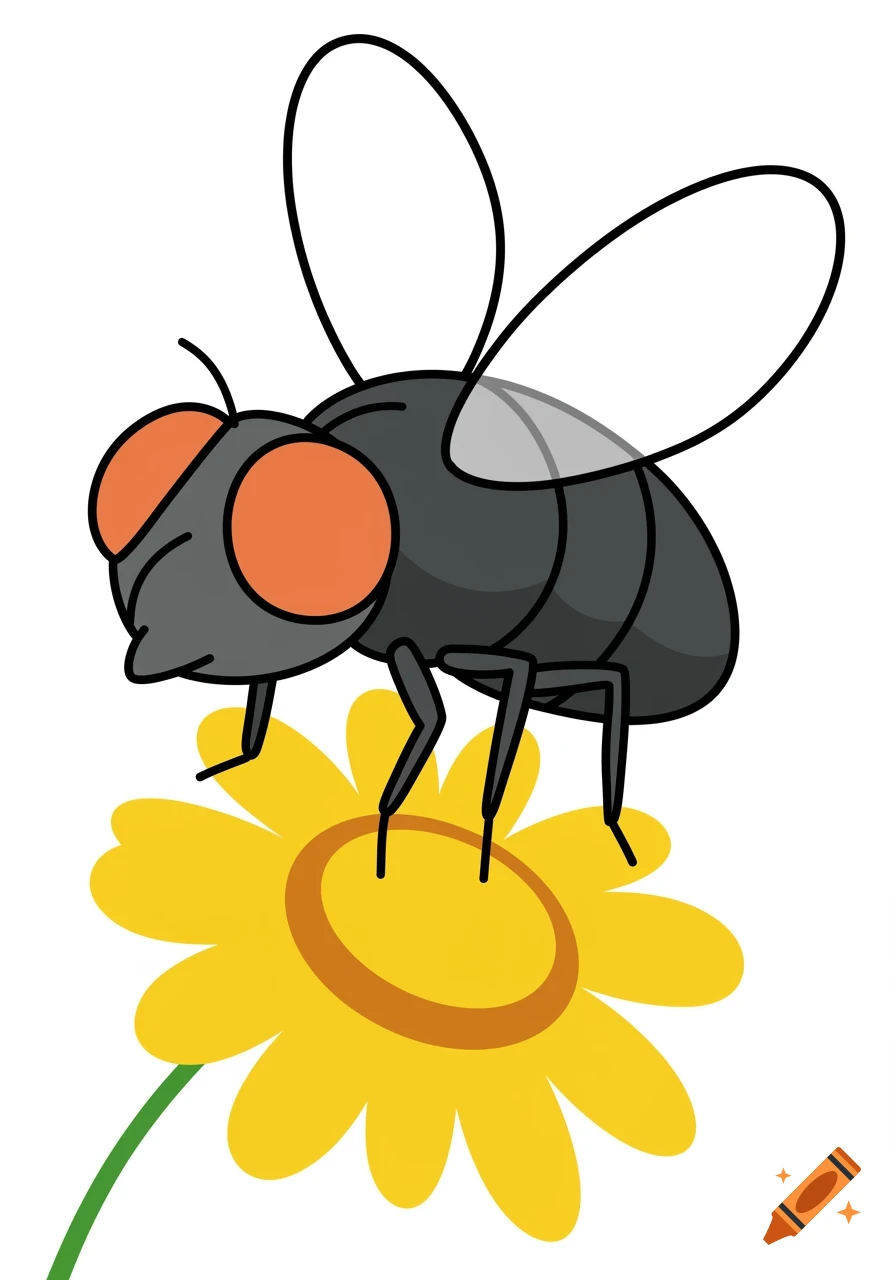 A simple cartoon drawing of a black fly with large orange eyes sitting on a yellow flower.