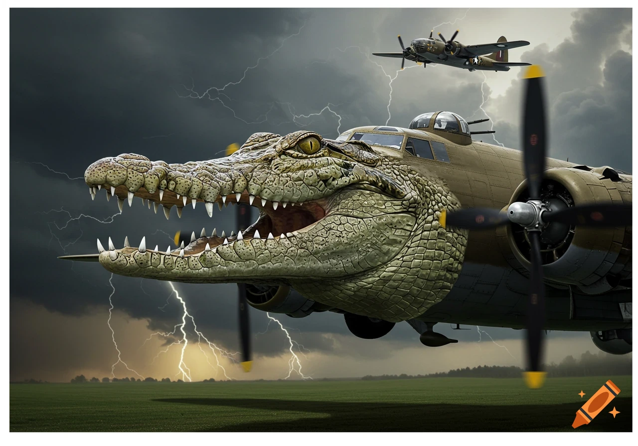 A surreal image of a crocodile head merged onto the front of a bomber plane flying through a stormy sky with lightning over a green field.