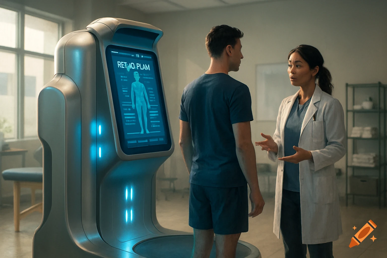 A patient stands facing a futuristic medical device with a glowing screen displaying a human figure, talking to a therapist in a modern clinic.