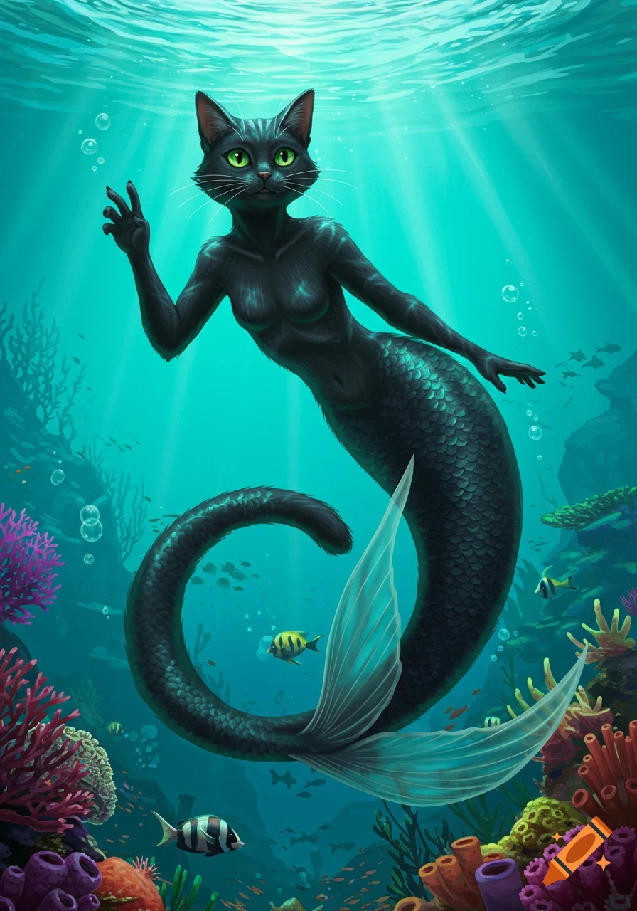 A mystical black cat mermaid with green eyes swims underwater among colorful coral reefs and fish.
