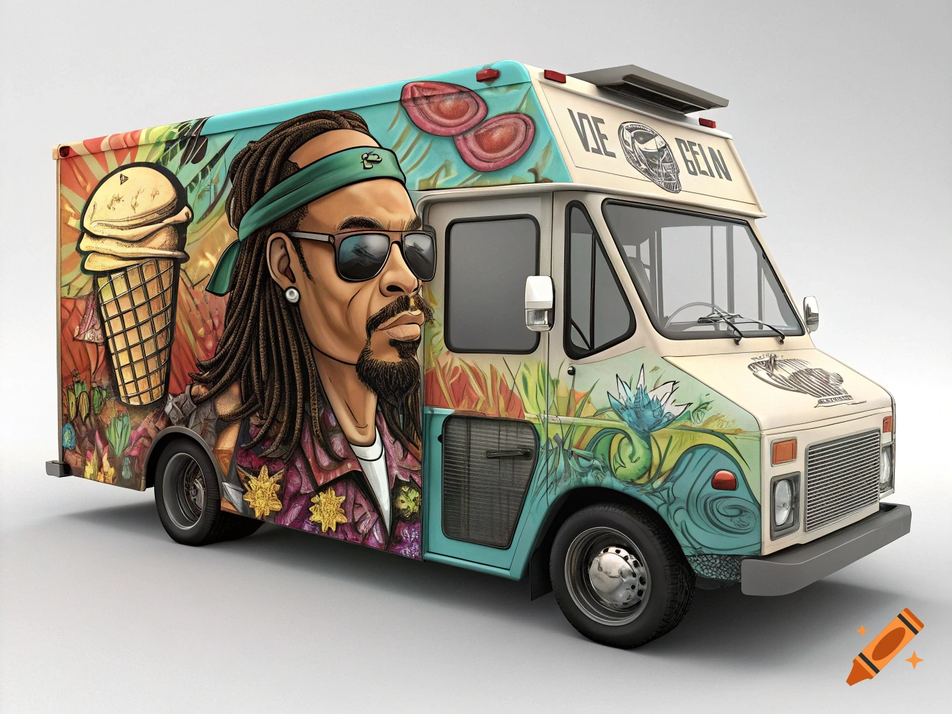 A vibrant, cartoonish ice cream truck featuring a large illustration of Snoop Dogg on its side, depicted in a clean studio setting.