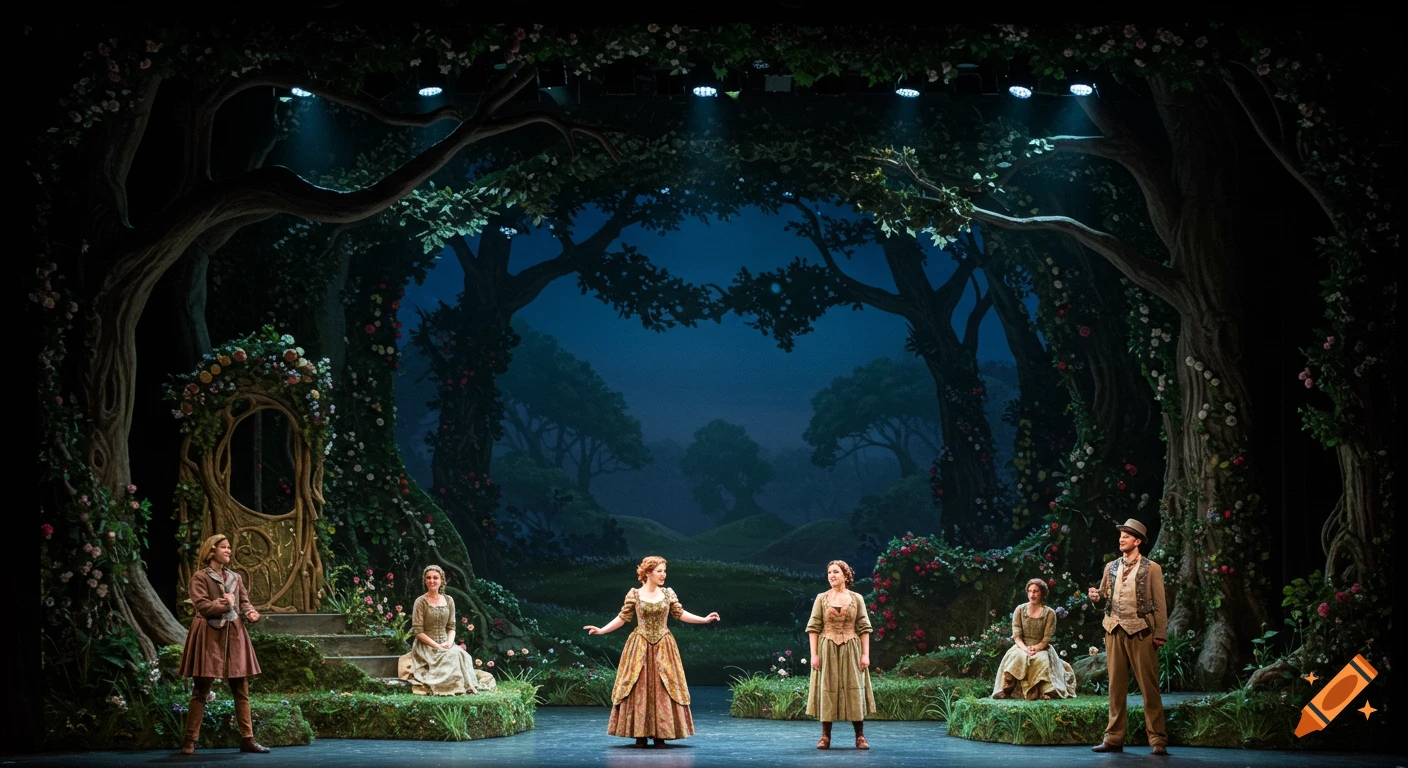 A theatrical stage set with a lush, dark forest, featuring six actors in period costumes on platforms of grass and a floral archway.