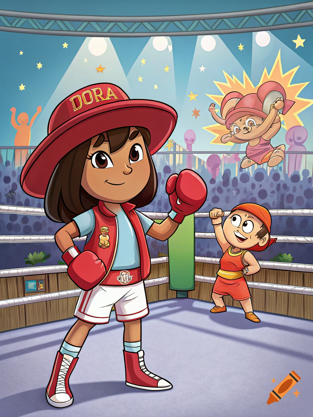 Cartoon of Dora the Explorer in red boxing attire standing in a ring with a cheering child and mouse character in the background.
