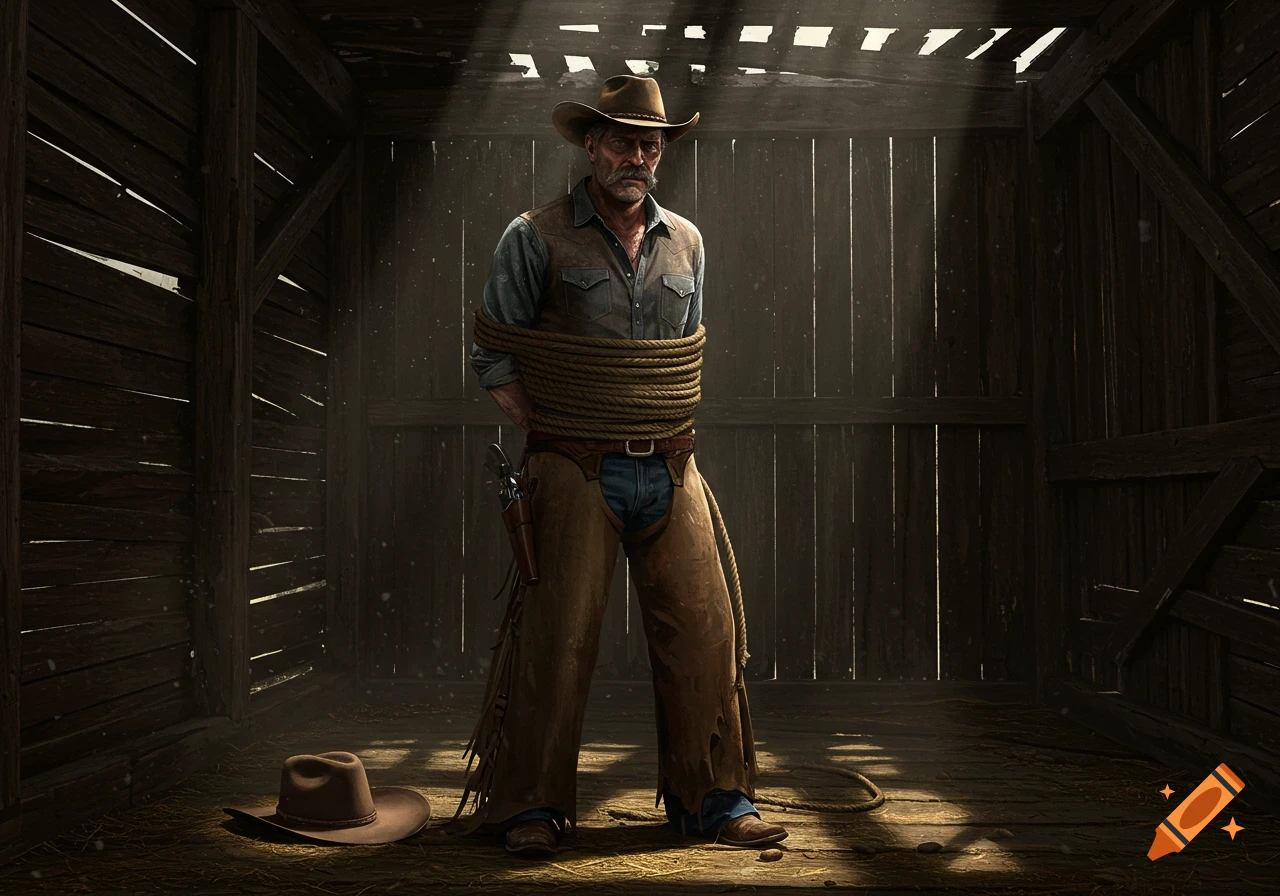 A cowboy, tied up with thick rope, stands in a dimly lit, dusty wooden barn, his hat on the floor beside him. Photorealistic.