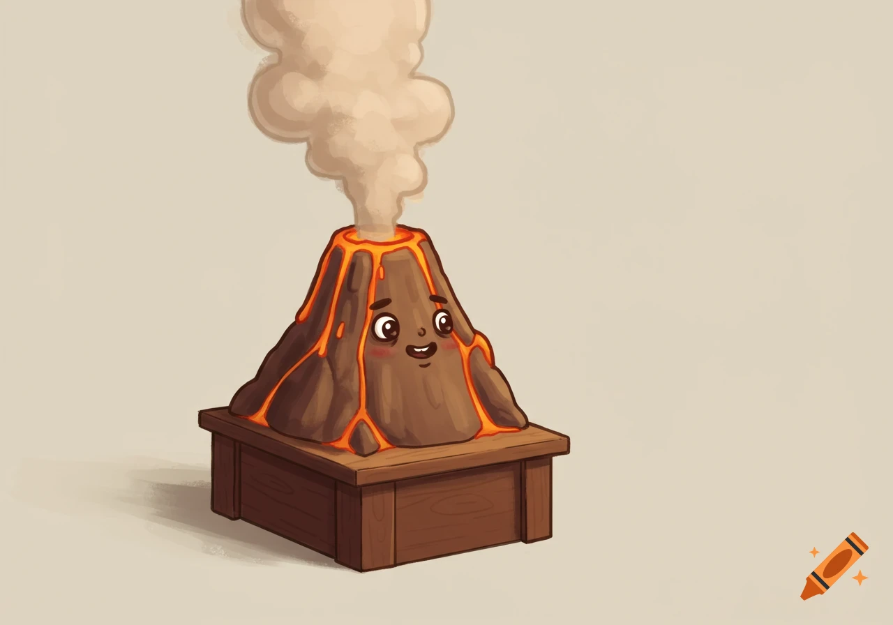 A cute, cartoon volcano with glowing lava and smoke, sitting on a brown wooden box.