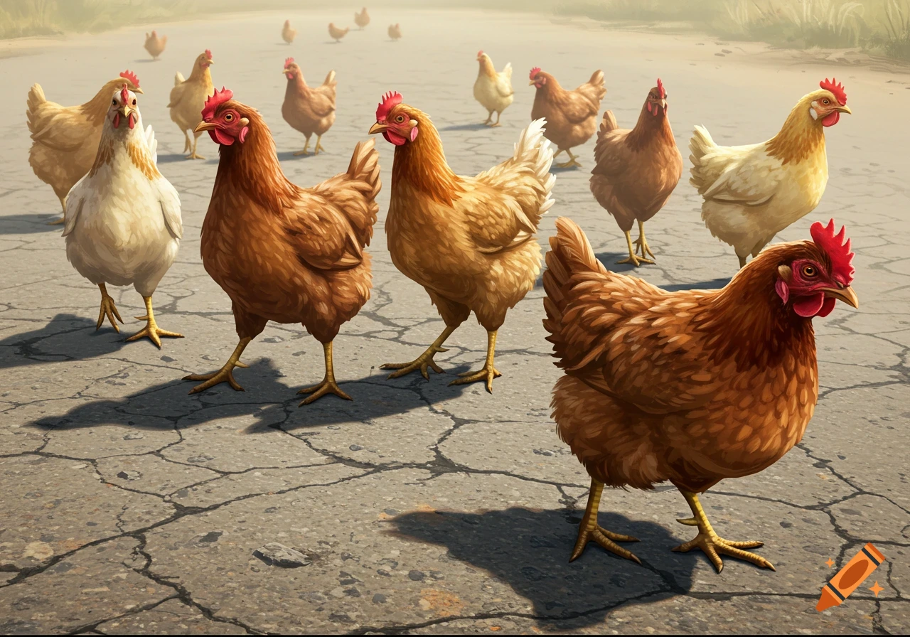 A flock of chickens walking on cracked asphalt under a bright sky, with some in the foreground and others in the hazy background.