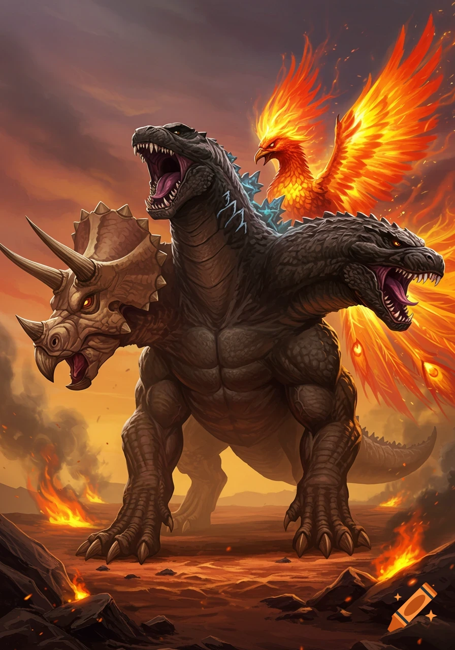 A monstrous three-headed creature, with heads of a triceratops, Godzilla, and a fiery phoenix, stands in a volcanic landscape.