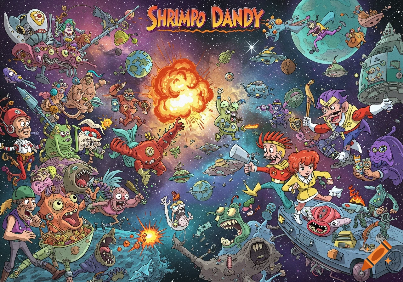 A colorful cartoon illustration of a chaotic space battle with various bizarre aliens and characters, and an explosion in the center. The title "SHRIMPO DANDY" is at the top.