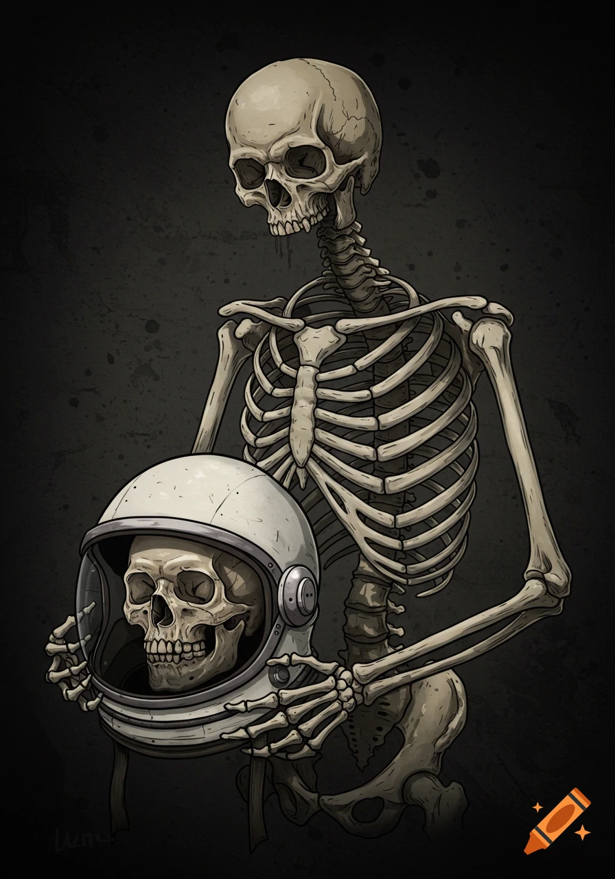 A stylized skeleton holding an astronaut helmet with a skull inside it against a dark background.
