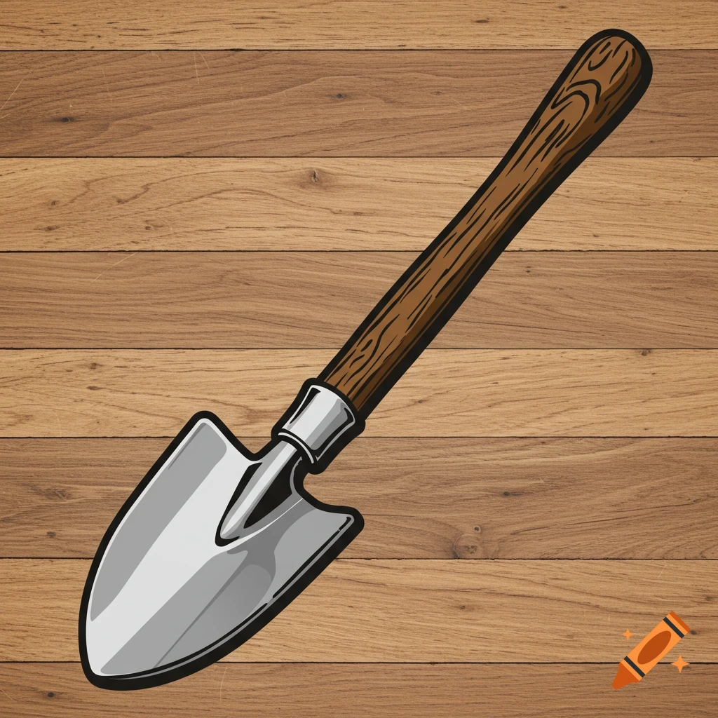 An illustration of a silver gardening shovel with a brown wooden handle, set against a wooden plank background.